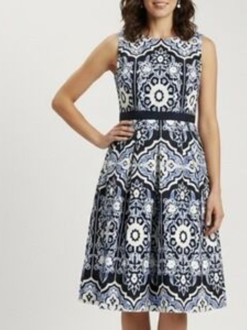Talbots Navy & White Sleeveless Medallion-Print Midi Dress Size 10